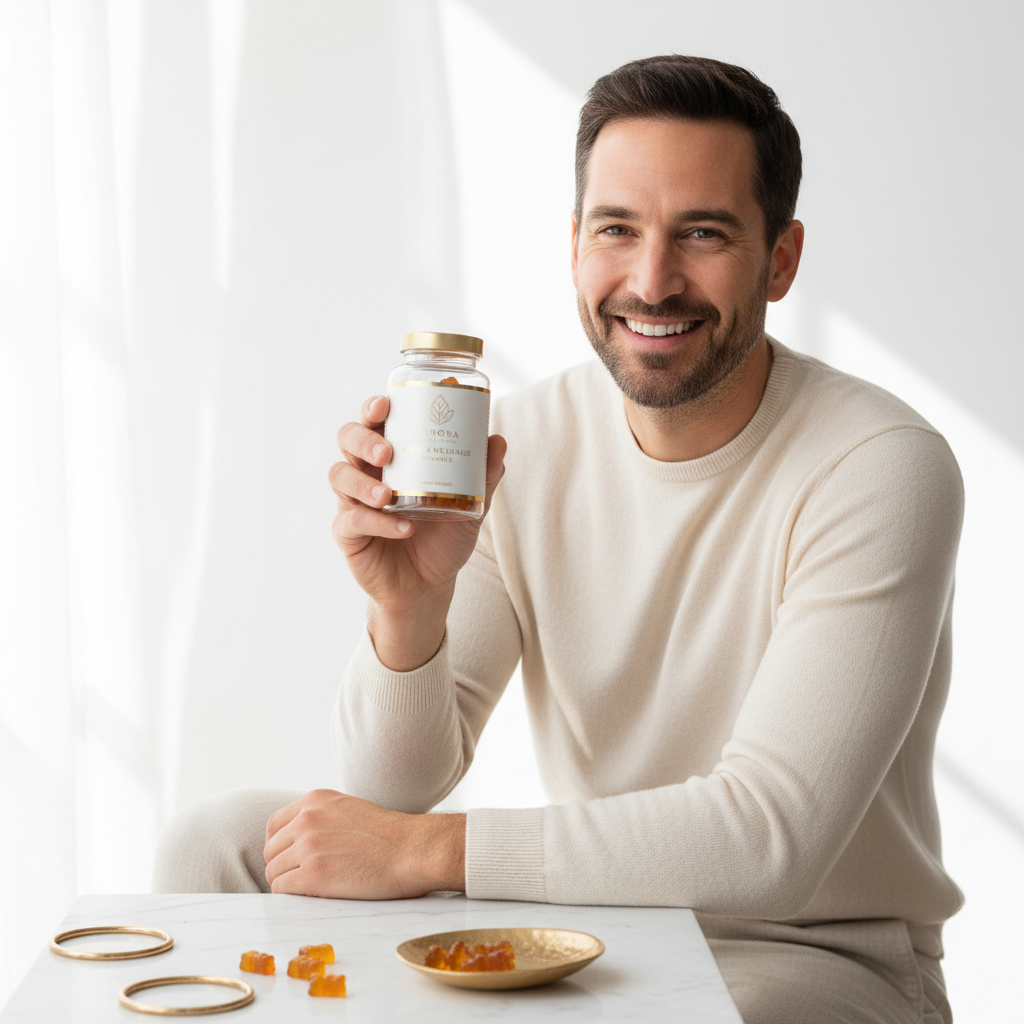 Happy man with wellness gummies